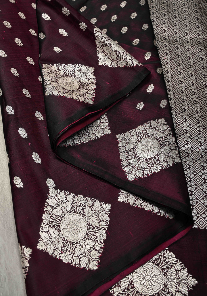 Plum Mashru Silk Saree with Floral Brocade and Geomatric Silver Zari Border | SILK MARK CERTIFIED
