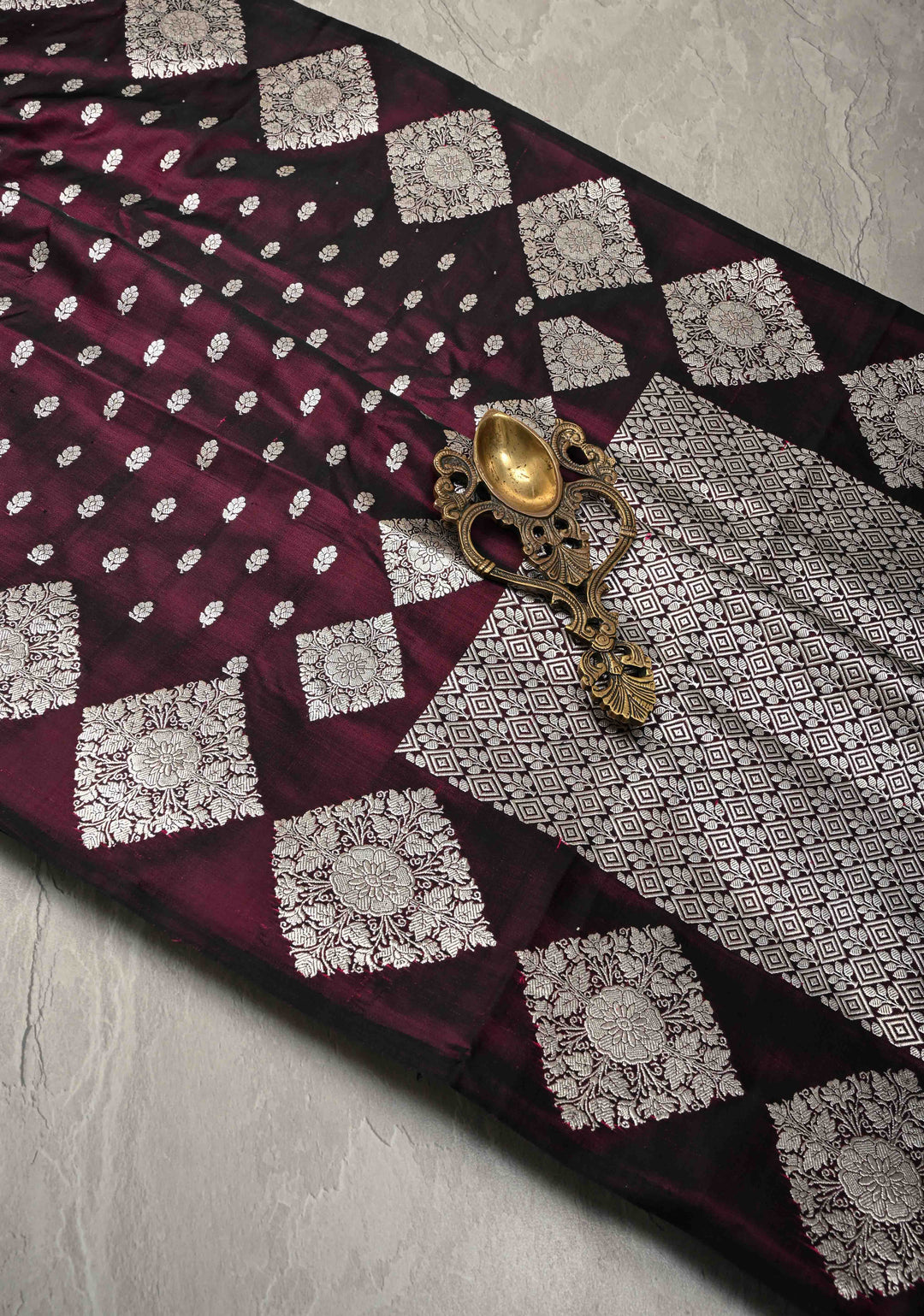 Plum Mashru Silk Saree with Floral Brocade and Geomatric Silver Zari Border | SILK MARK CERTIFIED