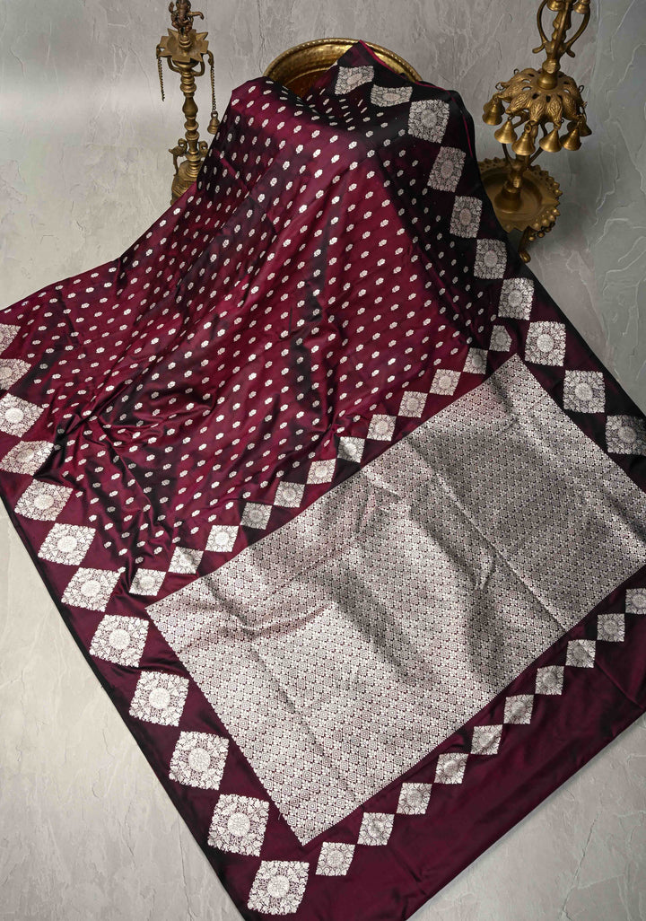 Plum Mashru Silk Saree with Floral Brocade and Geomatric Silver Zari Border | SILK MARK CERTIFIED