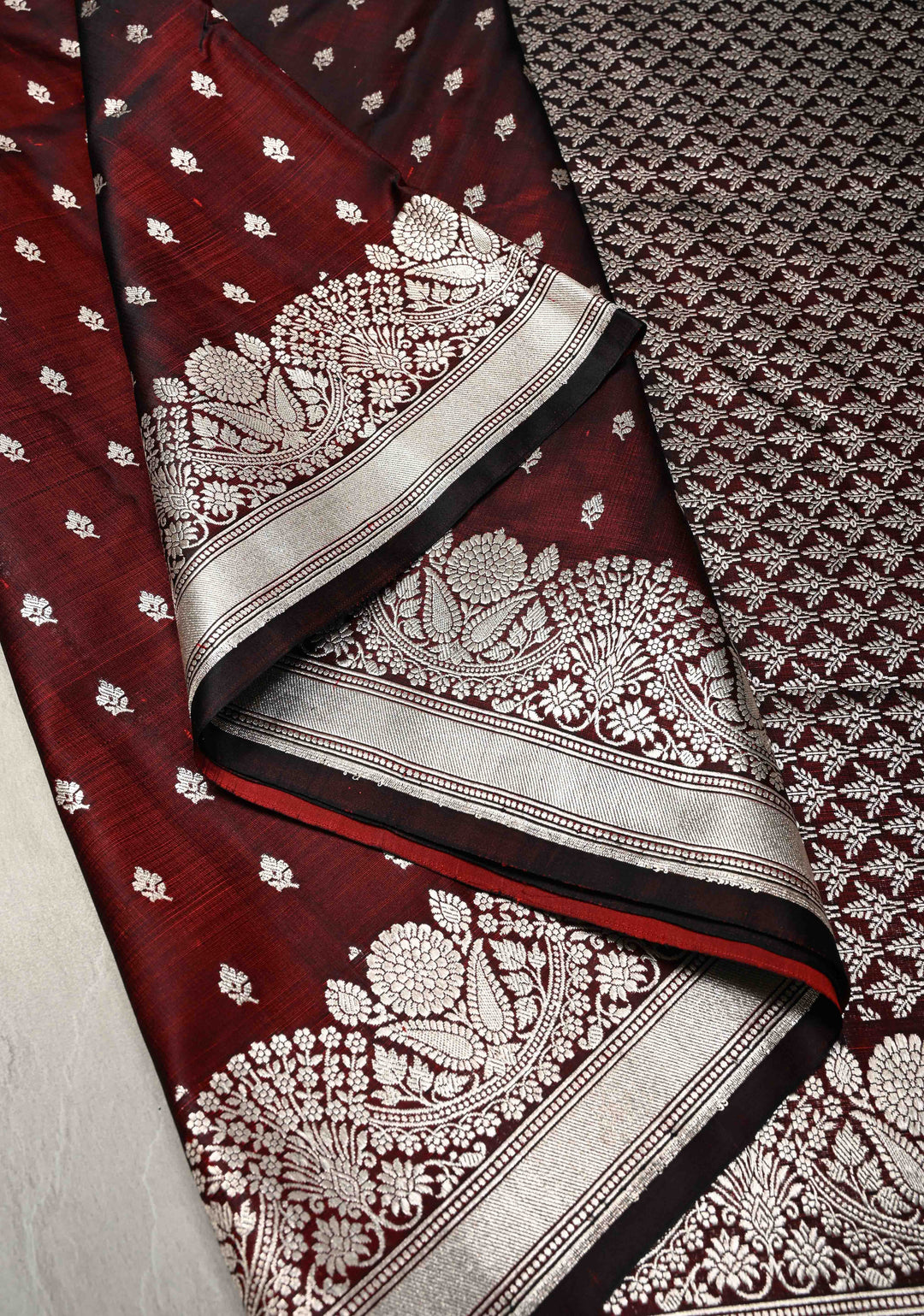 Maroon Mashru Silk Saree with Floral Zari Buttas and Silver Zari Border | SILK MARK CERTIFIED