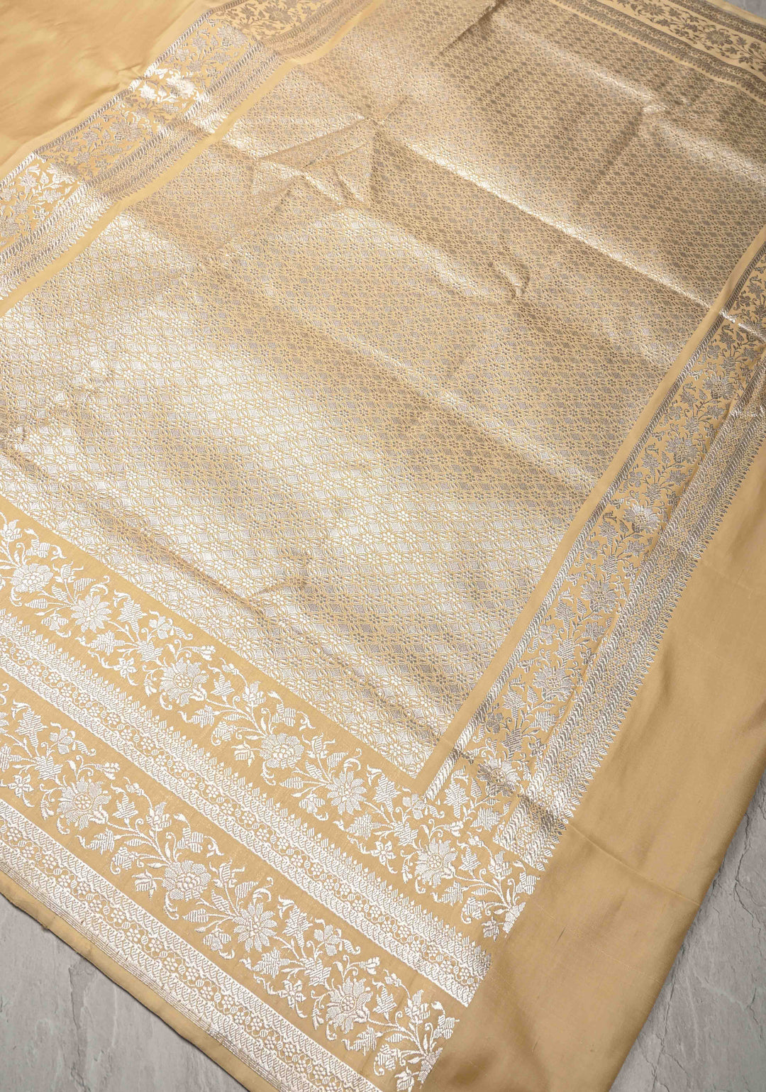 Cream  Mashru Silk Saree with Silver Zari Border | SILK MARK CERTIFIED