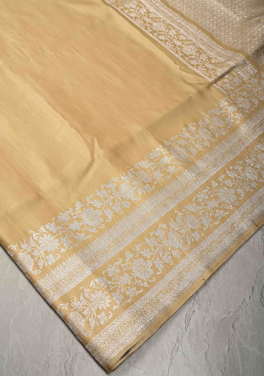 Cream  Mashru Silk Saree with Silver Zari Border | SILK MARK CERTIFIED