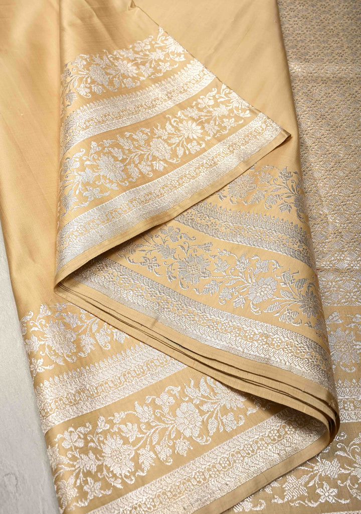Cream  Mashru Silk Saree with Silver Zari Border | SILK MARK CERTIFIED