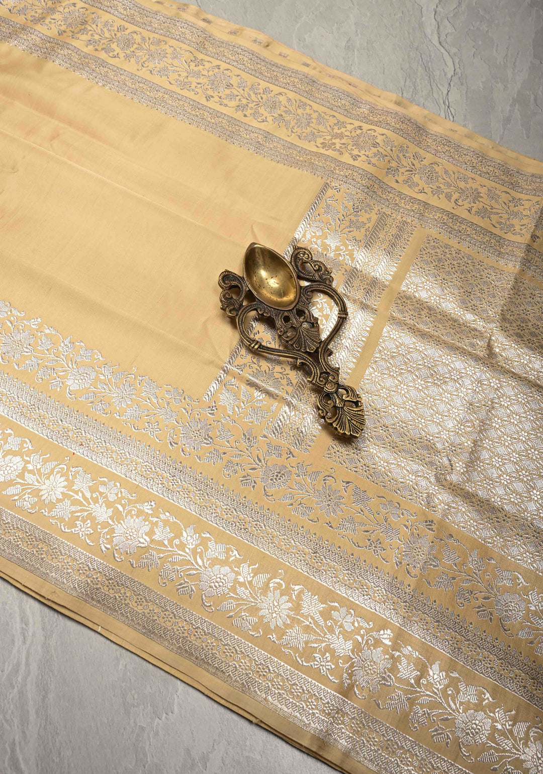 Cream  Mashru Silk Saree with Silver Zari Border | SILK MARK CERTIFIED