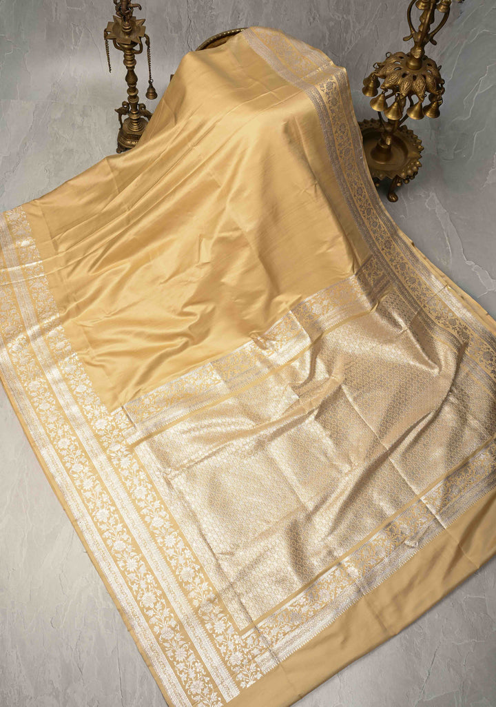 Cream  Mashru Silk Saree with Silver Zari Border | SILK MARK CERTIFIED