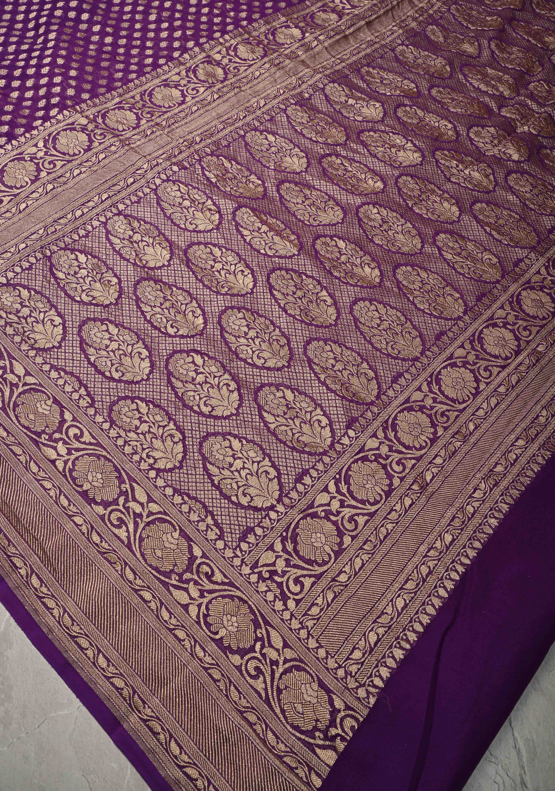 Deep Purple Banarasi Georgette Silk Saree with Floral Brocade and Zari Border | SILK MARK CERTIFIED