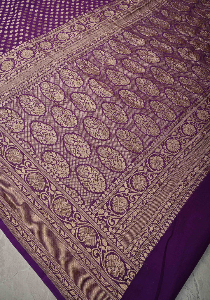 Deep Purple Banarasi Georgette Silk Saree with Floral Brocade and Zari Border | SILK MARK CERTIFIED