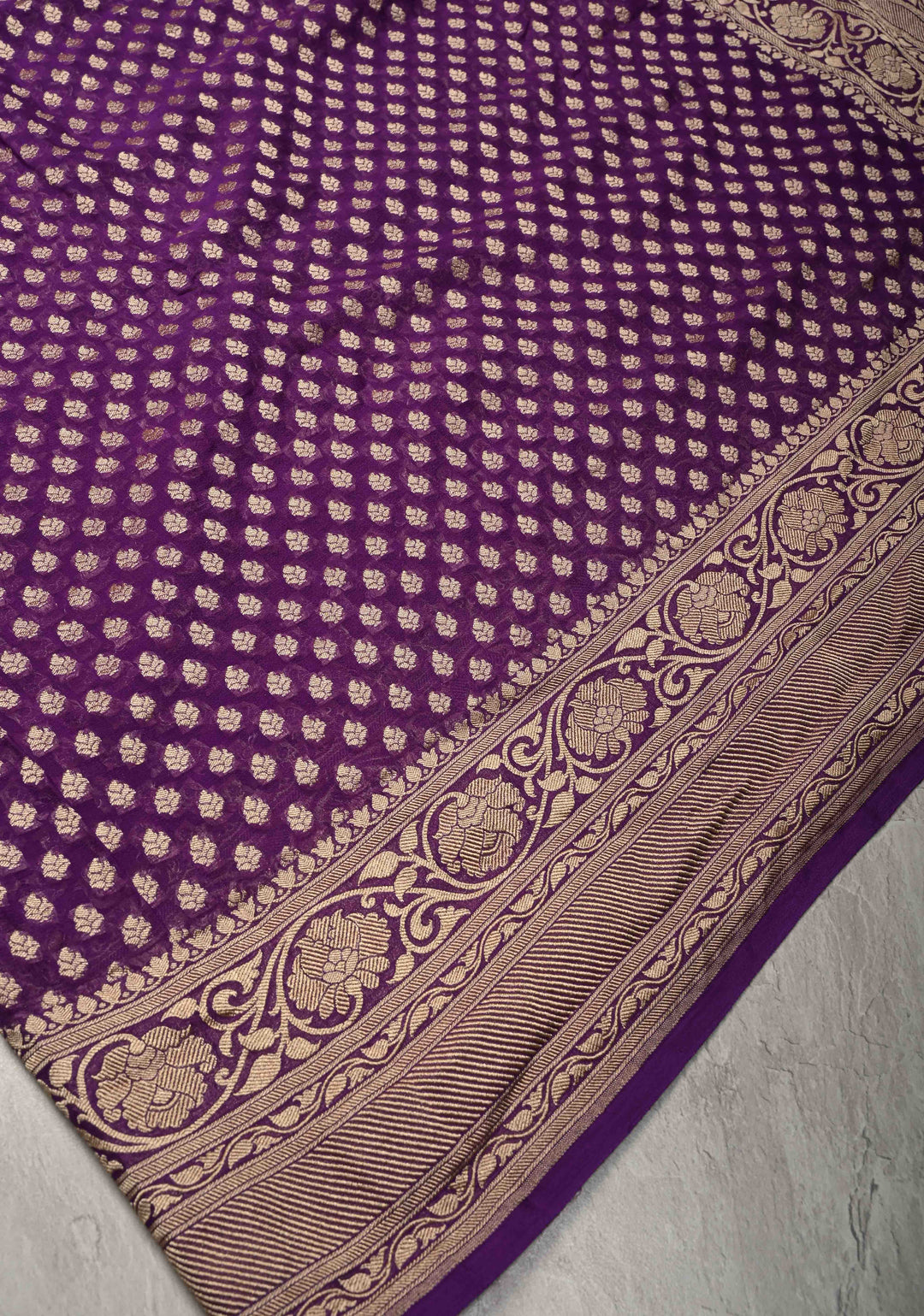Deep Purple Banarasi Georgette Silk Saree with Floral Brocade and Zari Border | SILK MARK CERTIFIED