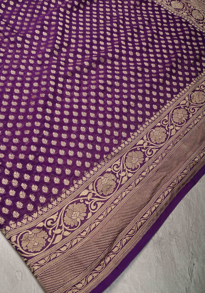 Deep Purple Banarasi Georgette Silk Saree with Floral Brocade and Zari Border | SILK MARK CERTIFIED