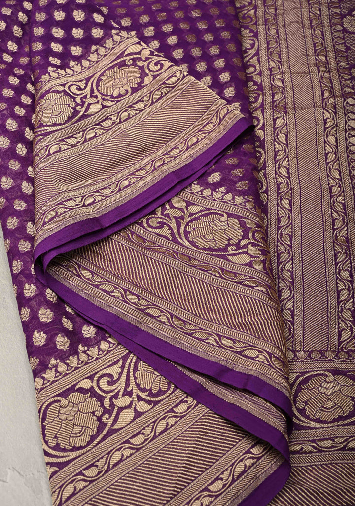 Deep Purple Banarasi Georgette Silk Saree with Floral Brocade and Zari Border | SILK MARK CERTIFIED