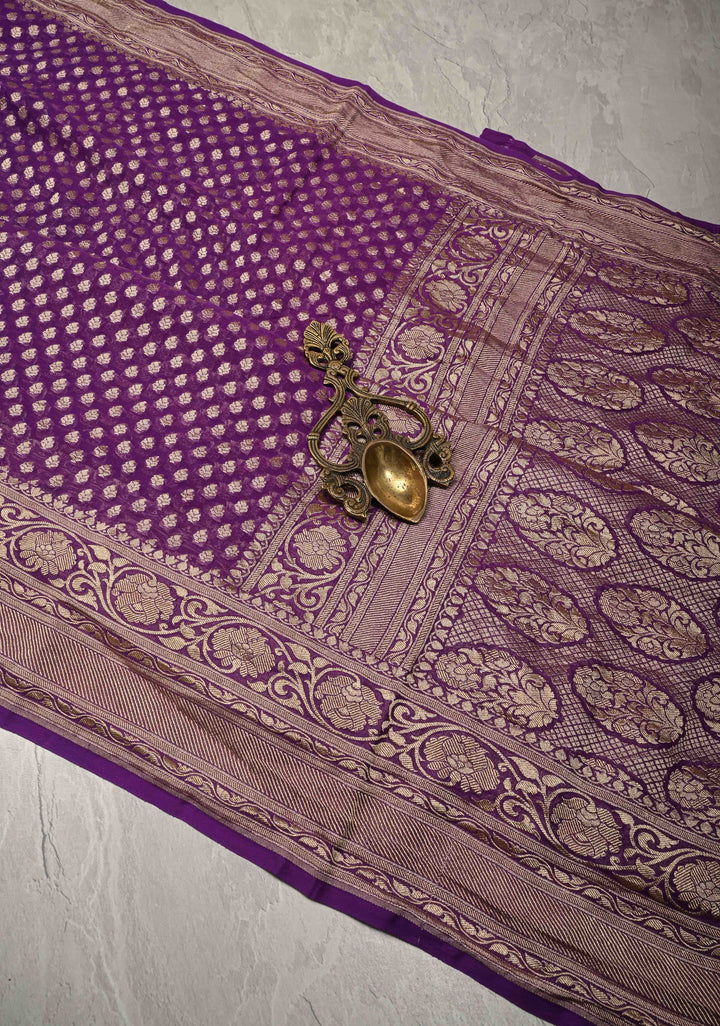Deep Purple Banarasi Georgette Silk Saree with Floral Brocade and Zari Border | SILK MARK CERTIFIED