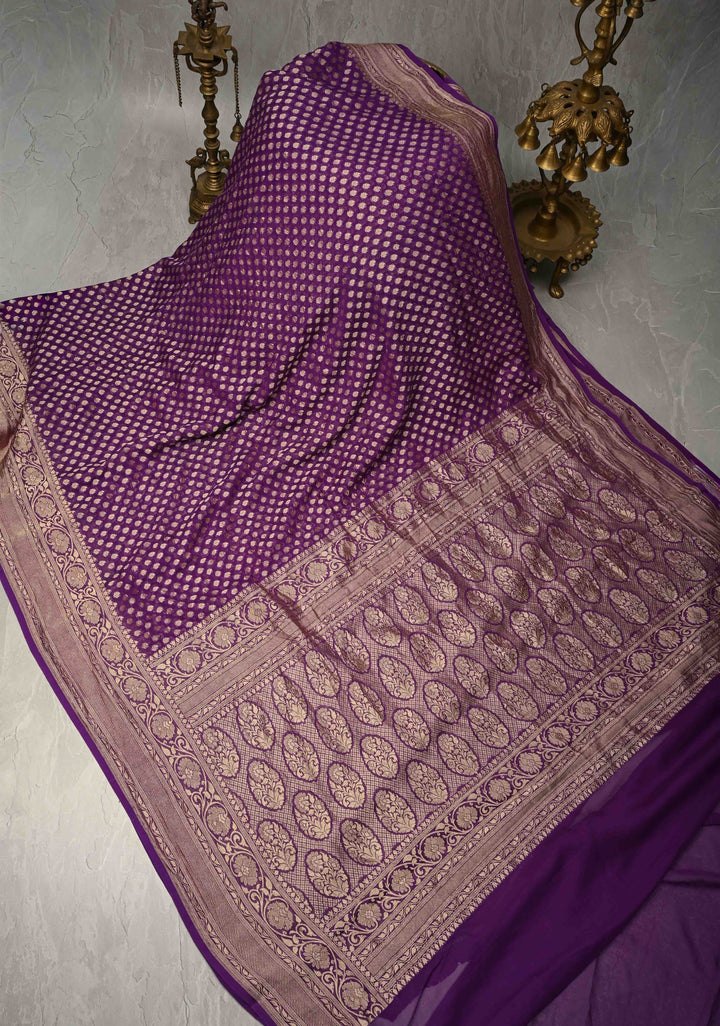 Deep Purple Banarasi Georgette Silk Saree with Floral Brocade and Zari Border | SILK MARK CERTIFIED