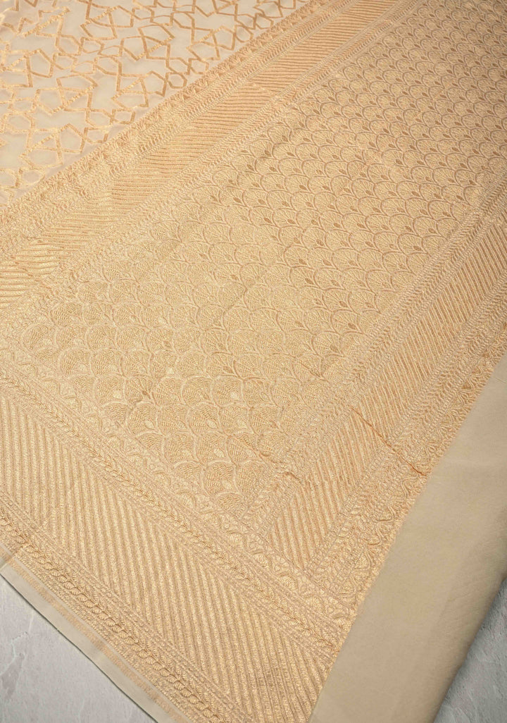 Cream Banarasi Georgette Silk Saree with Abstract Brocade Jaal and Zari Border | SILK MARK CERTIFIED