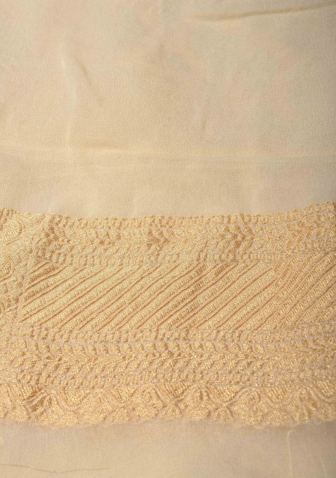 Cream Banarasi Georgette Silk Saree with Abstract Brocade Jaal and Zari Border | SILK MARK CERTIFIED