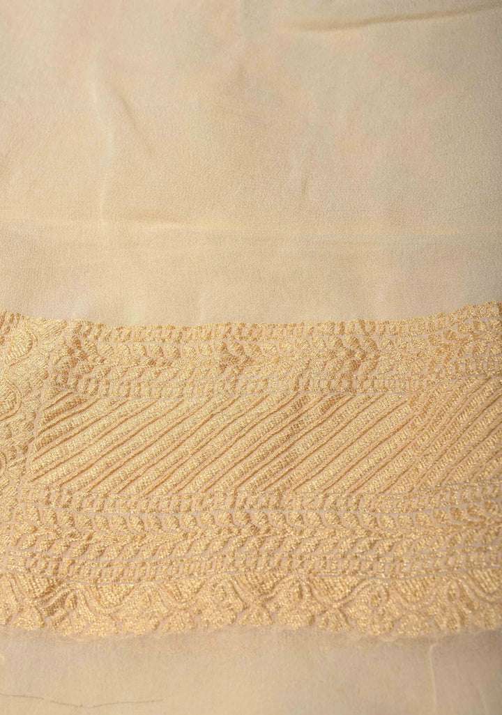 Cream Banarasi Georgette Silk Saree with Abstract Brocade Jaal and Zari Border | SILK MARK CERTIFIED