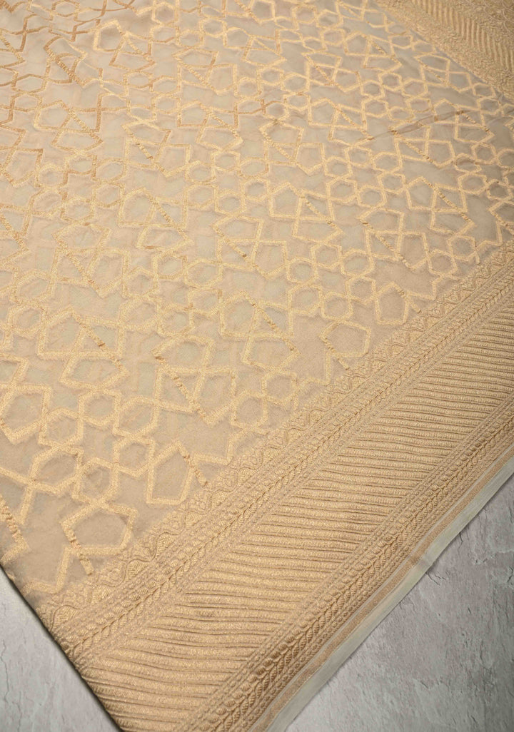 Cream Banarasi Georgette Silk Saree with Abstract Brocade Jaal and Zari Border | SILK MARK CERTIFIED