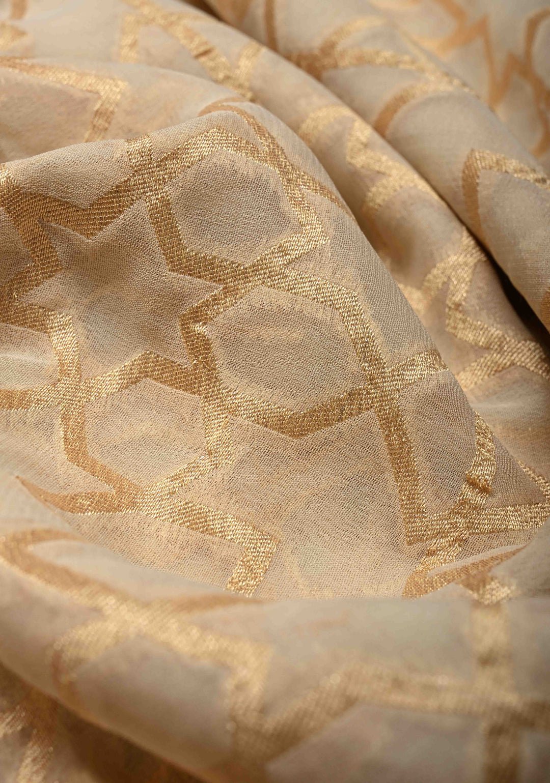 Cream Banarasi Georgette Silk Saree with Abstract Brocade Jaal and Zari Border | SILK MARK CERTIFIED
