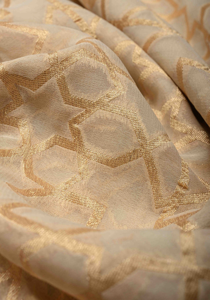Cream Banarasi Georgette Silk Saree with Abstract Brocade Jaal and Zari Border | SILK MARK CERTIFIED