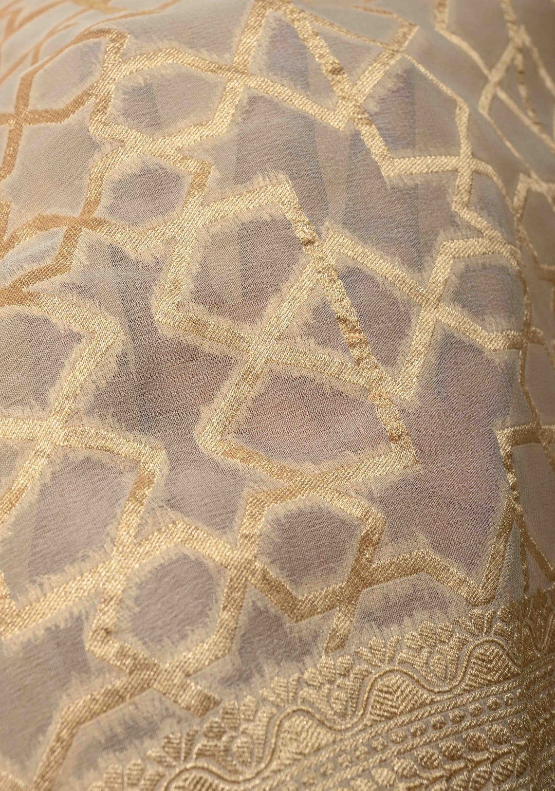 Cream Banarasi Georgette Silk Saree with Abstract Brocade Jaal and Zari Border | SILK MARK CERTIFIED
