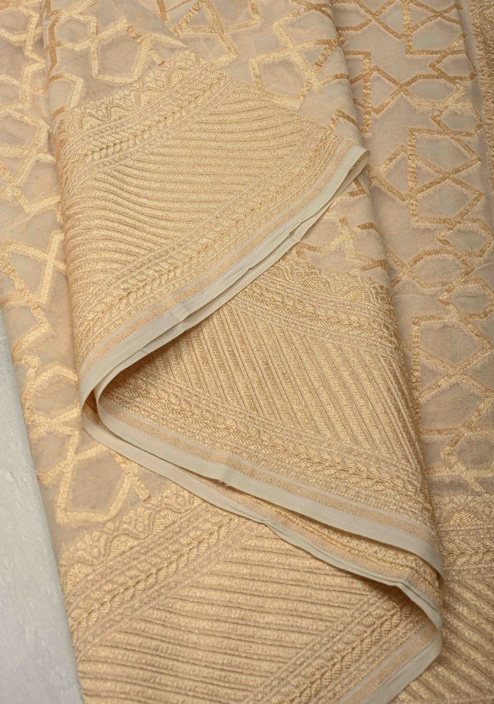 Cream Banarasi Georgette Silk Saree with Abstract Brocade Jaal and Zari Border | SILK MARK CERTIFIED