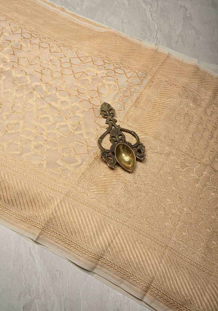 Cream Banarasi Georgette Silk Saree with Abstract Brocade Jaal and Zari Border | SILK MARK CERTIFIED