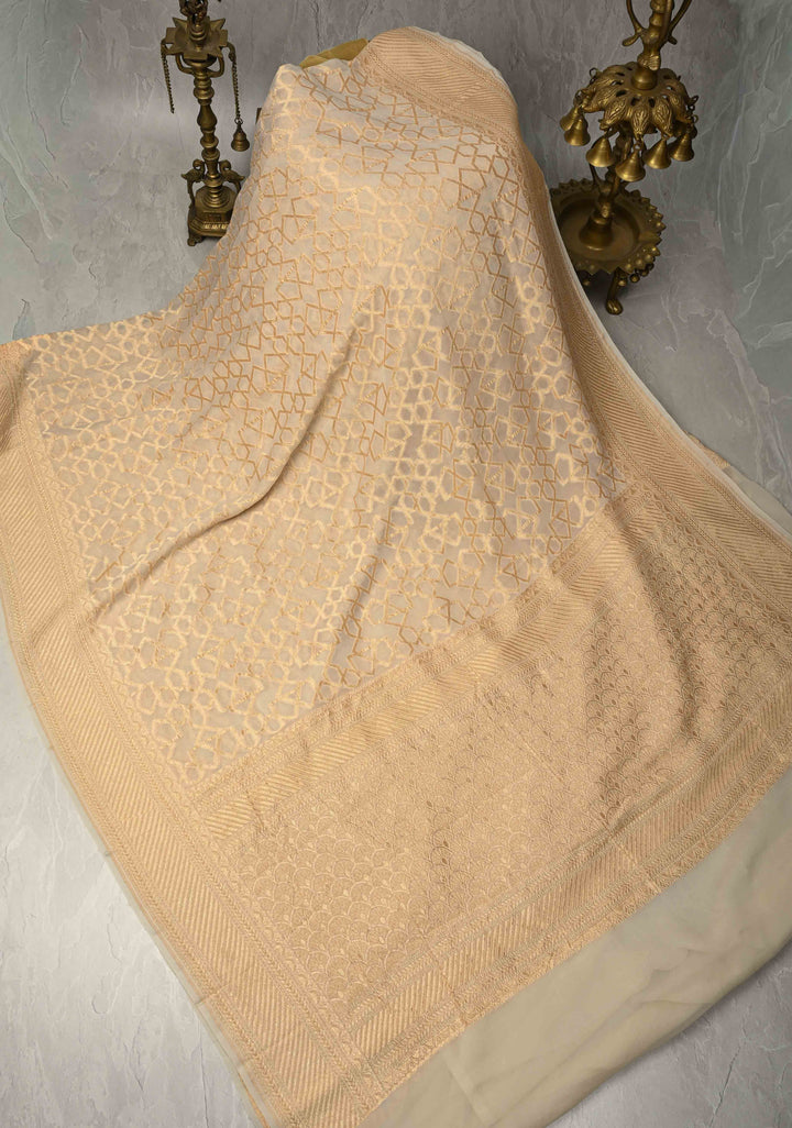Cream Banarasi Georgette Silk Saree with Abstract Brocade Jaal and Zari Border | SILK MARK CERTIFIED