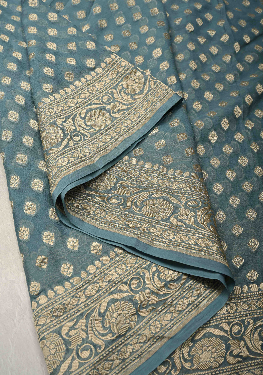 Bluish Grey Banarasi Georgette Silk Saree with Floral Butta and Zari Border | SILK MARK CERTIFIED