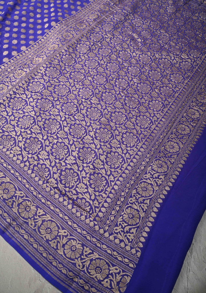 Royal Blue Banarasi Georgette Silk Saree with Floral Butta  and Zari Border | SILK MARK CERTIFIED
