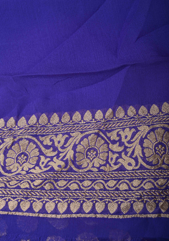 Royal Blue Banarasi Georgette Silk Saree with Floral Butta  and Zari Border | SILK MARK CERTIFIED