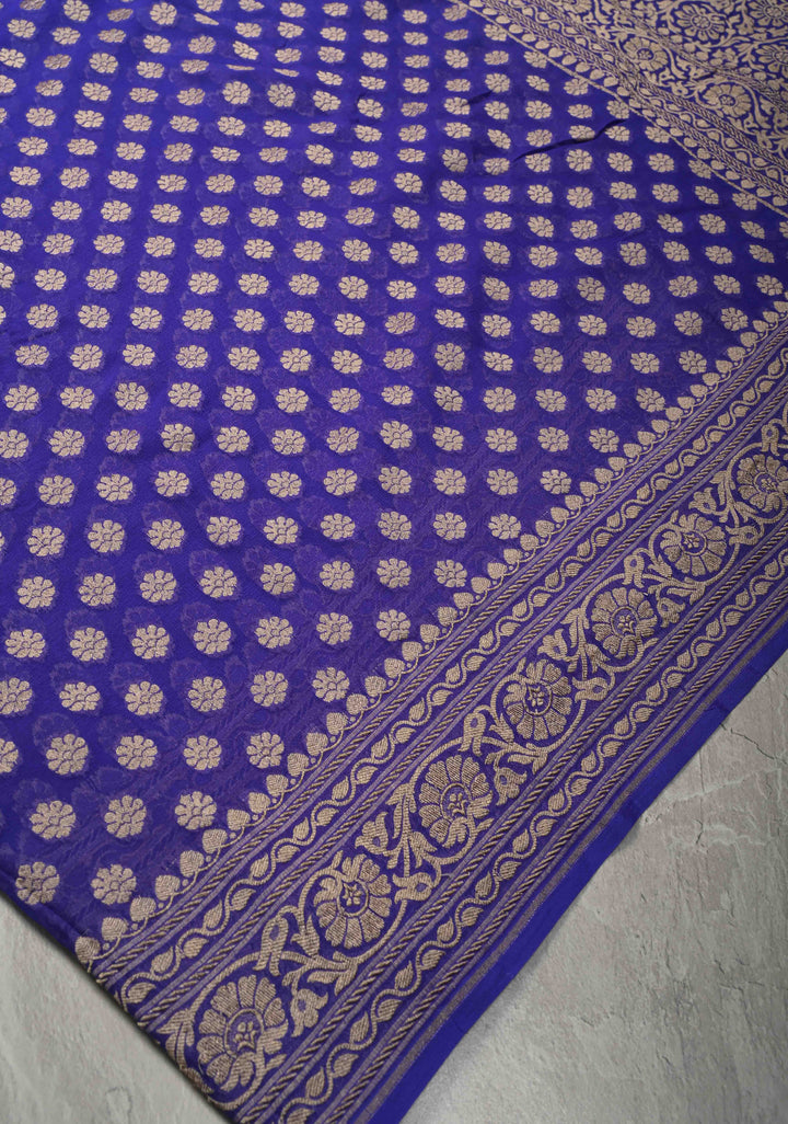 Royal Blue Banarasi Georgette Silk Saree with Floral Butta  and Zari Border | SILK MARK CERTIFIED