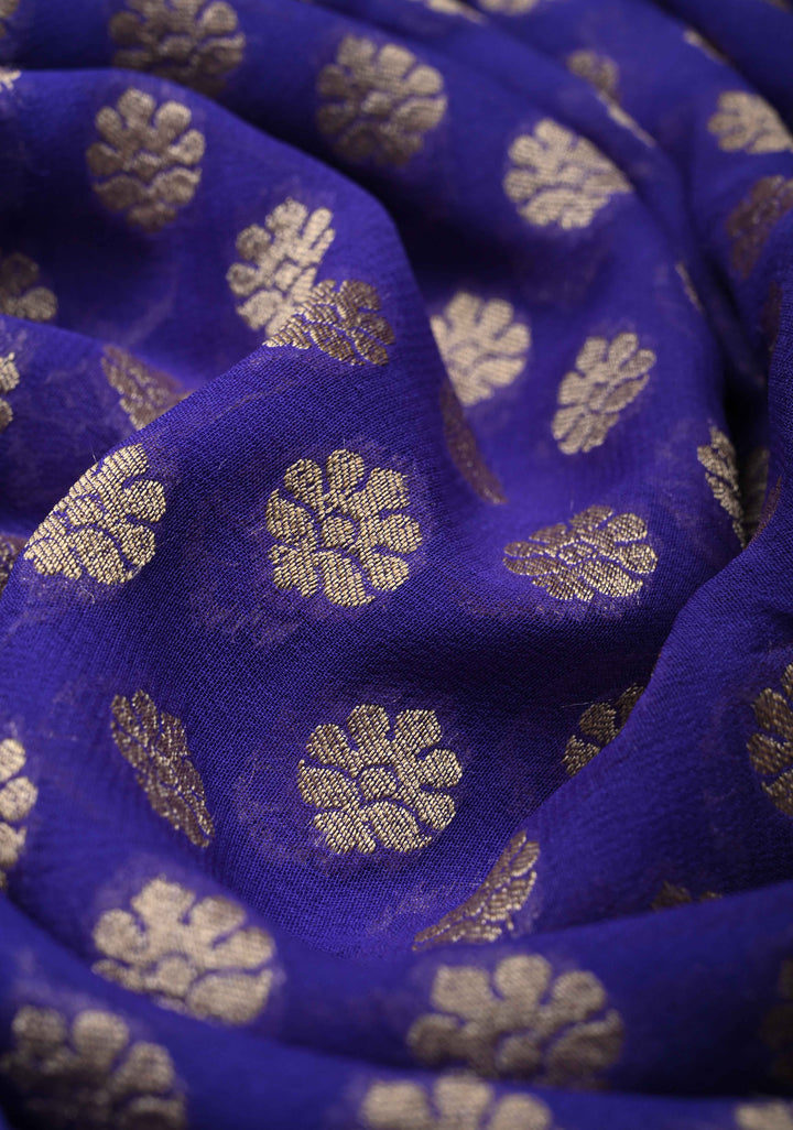 Royal Blue Banarasi Georgette Silk Saree with Floral Butta  and Zari Border | SILK MARK CERTIFIED