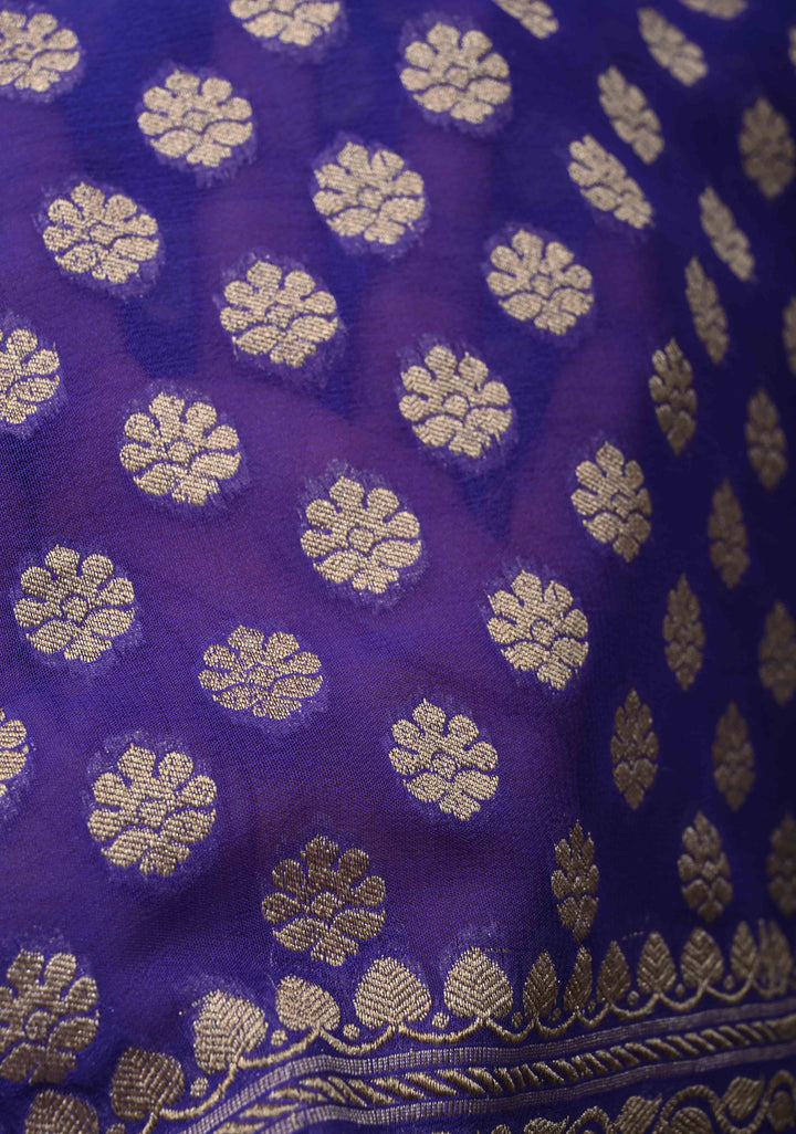 Royal Blue Banarasi Georgette Silk Saree with Floral Butta  and Zari Border | SILK MARK CERTIFIED