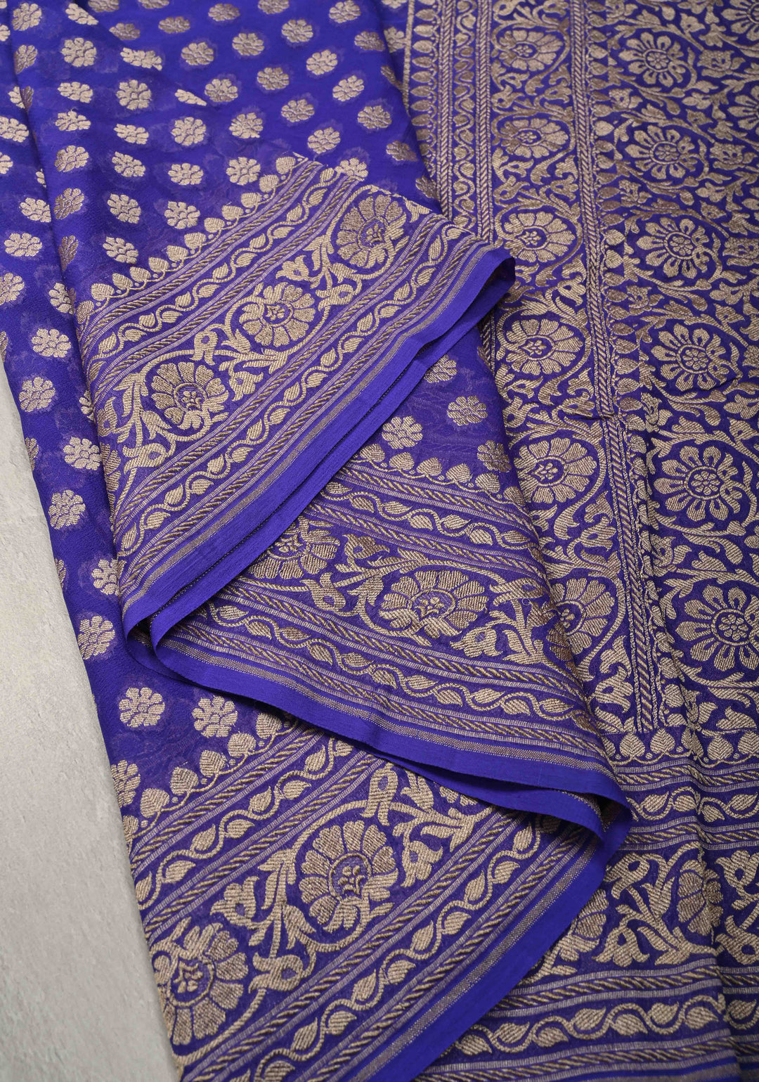 Royal Blue Banarasi Georgette Silk Saree with Floral Butta  and Zari Border | SILK MARK CERTIFIED