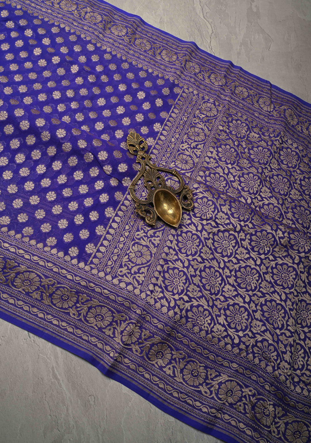 Royal Blue Banarasi Georgette Silk Saree with Floral Butta  and Zari Border | SILK MARK CERTIFIED