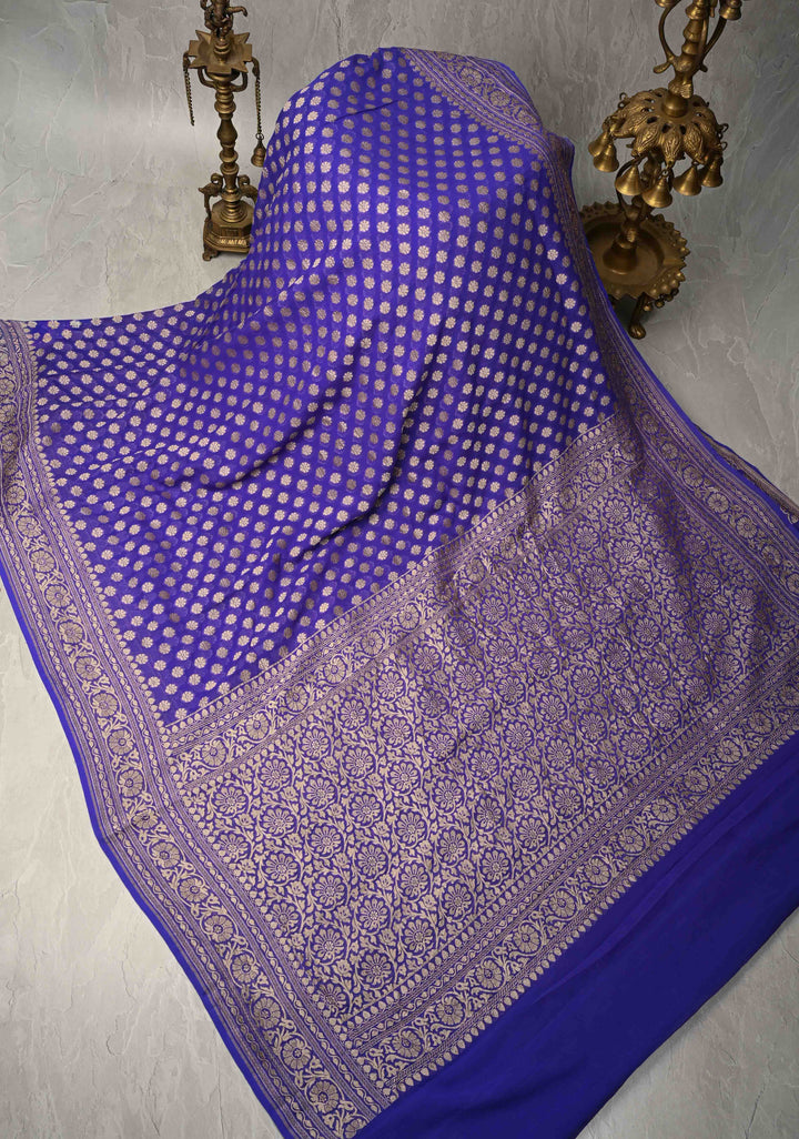 Royal Blue Banarasi Georgette Silk Saree with Floral Butta  and Zari Border | SILK MARK CERTIFIED