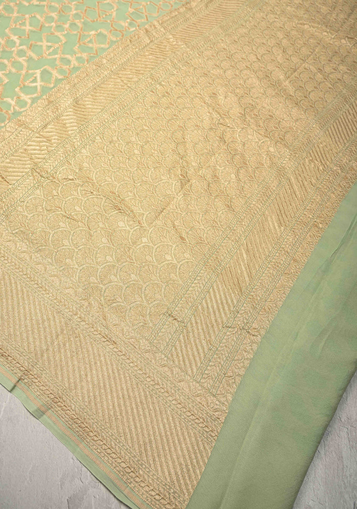 Sage Green Banarasi Georgette Silk Saree with Morroccon Brocade Jaal and Zari Border | SILK MARK CERTIFIED