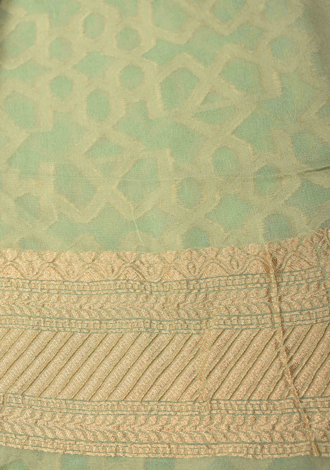 Sage Green Banarasi Georgette Silk Saree with Morroccon Brocade Jaal and Zari Border | SILK MARK CERTIFIED