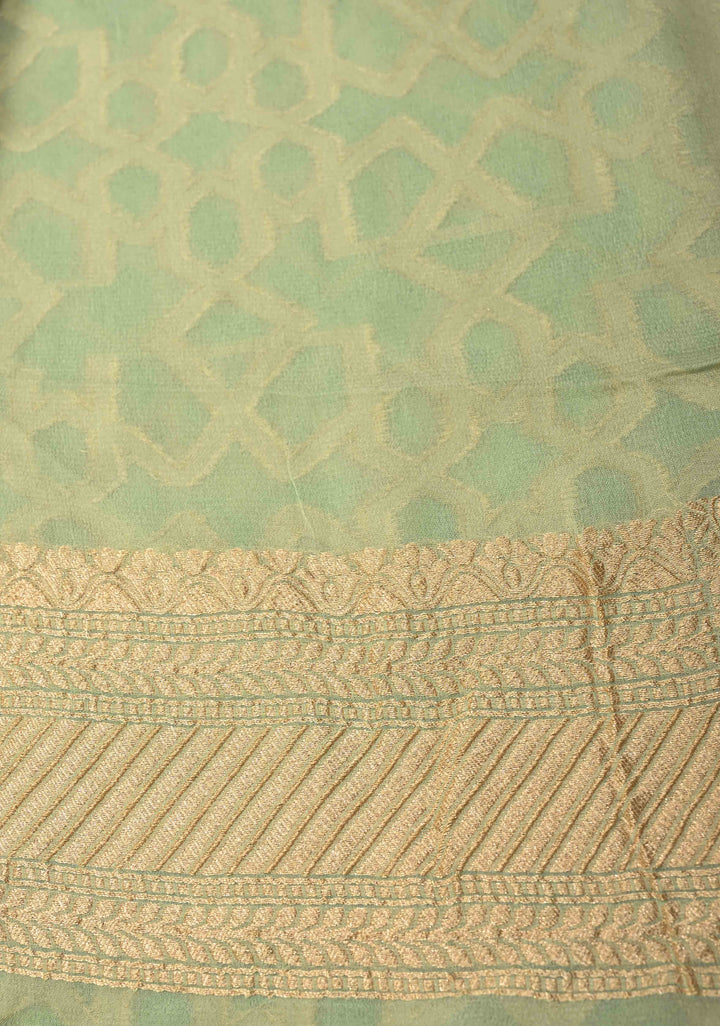 Sage Green Banarasi Georgette Silk Saree with Morroccon Brocade Jaal and Zari Border | SILK MARK CERTIFIED