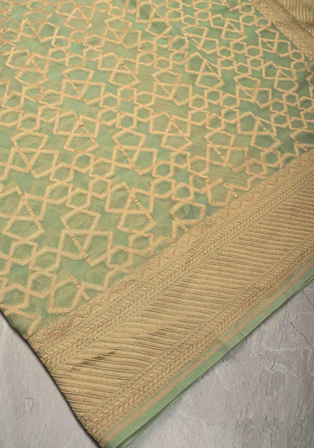 Sage Green Banarasi Georgette Silk Saree with Morroccon Brocade Jaal and Zari Border | SILK MARK CERTIFIED