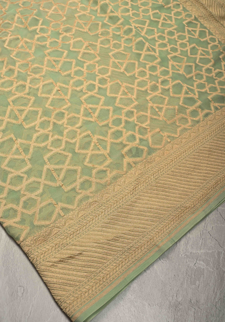 Sage Green Banarasi Georgette Silk Saree with Morroccon Brocade Jaal and Zari Border | SILK MARK CERTIFIED