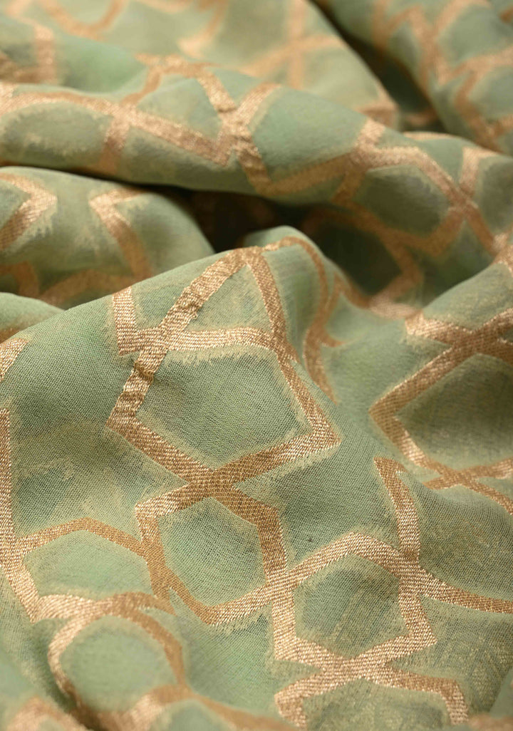 Sage Green Banarasi Georgette Silk Saree with Morroccon Brocade Jaal and Zari Border | SILK MARK CERTIFIED