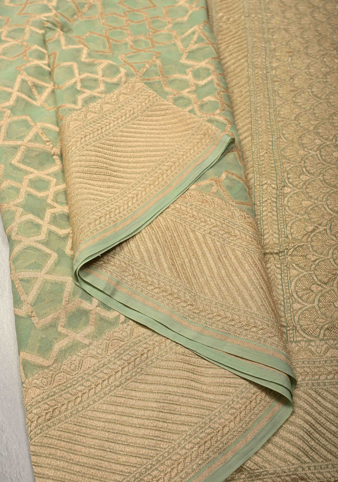 Sage Green Banarasi Georgette Silk Saree with Morroccon Brocade Jaal and Zari Border | SILK MARK CERTIFIED