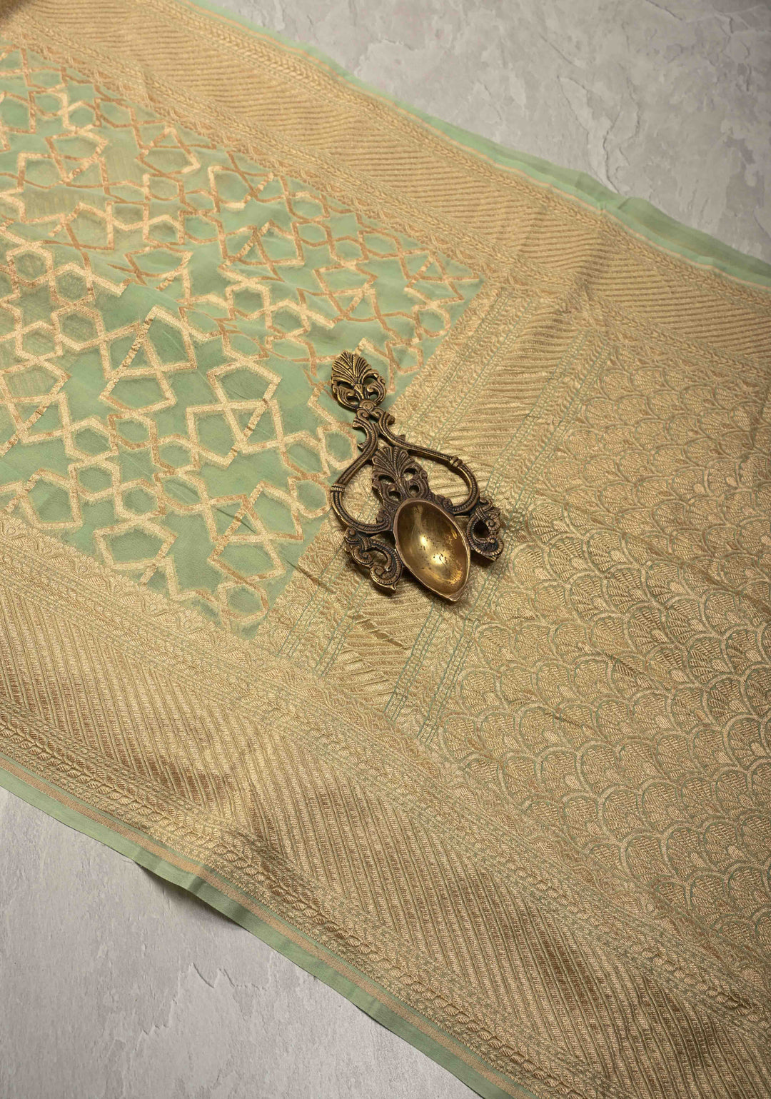 Sage Green Banarasi Georgette Silk Saree with Morroccon Brocade Jaal and Zari Border | SILK MARK CERTIFIED