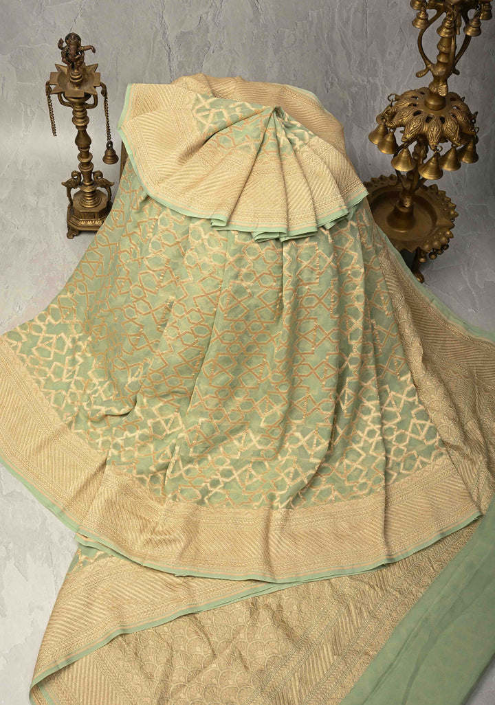 Sage Green Banarasi Georgette Silk Saree with Morroccon Brocade Jaal and Zari Border | SILK MARK CERTIFIED