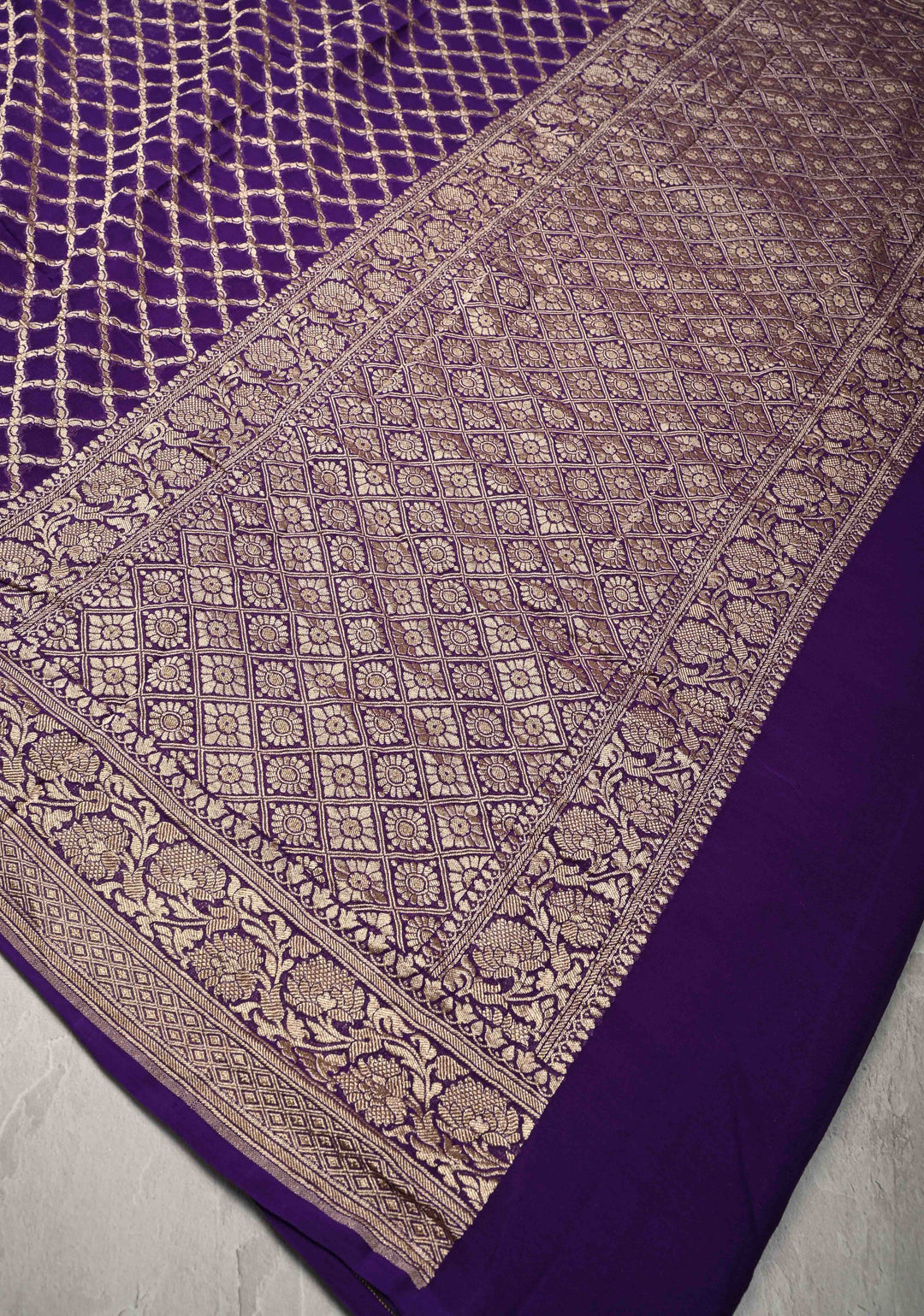 Eggplant Purple Banarasi Georgette Silk Saree with Geomatric Jaal and Zari Border | SILK MARK CERTIFIED