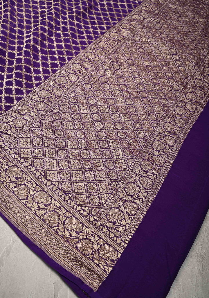 Eggplant Purple Banarasi Georgette Silk Saree with Geomatric Jaal and Zari Border | SILK MARK CERTIFIED