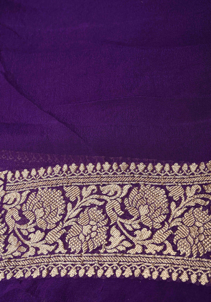 Eggplant Purple Banarasi Georgette Silk Saree with Geomatric Jaal and Zari Border | SILK MARK CERTIFIED