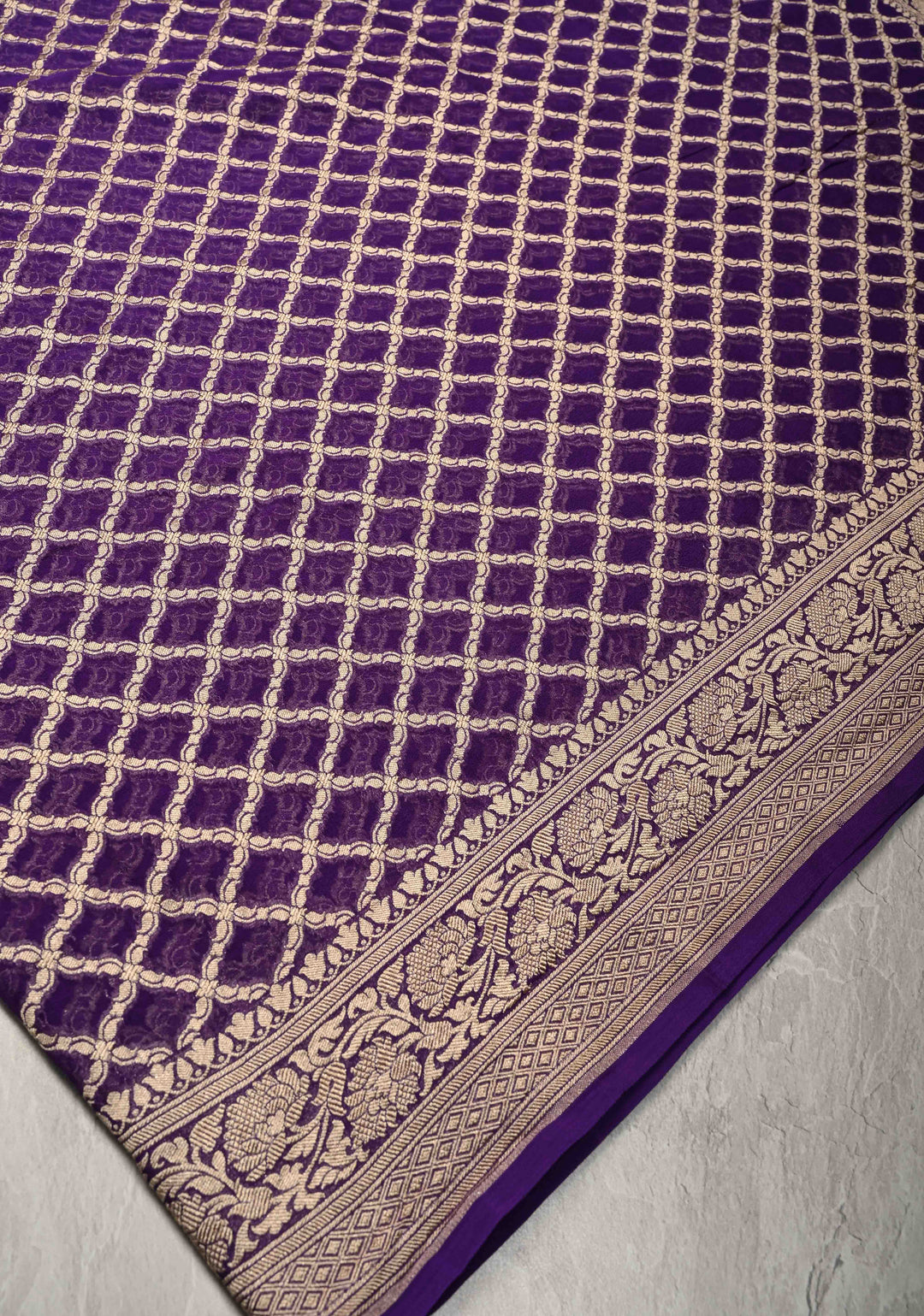 Eggplant Purple Banarasi Georgette Silk Saree with Geomatric Jaal and Zari Border | SILK MARK CERTIFIED