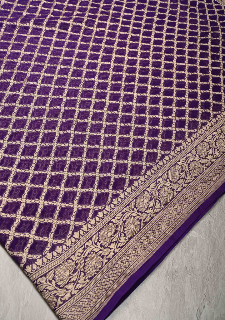 Eggplant Purple Banarasi Georgette Silk Saree with Geomatric Jaal and Zari Border | SILK MARK CERTIFIED