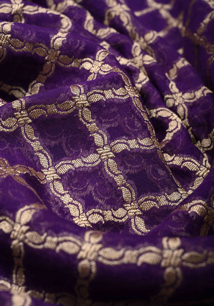Eggplant Purple Banarasi Georgette Silk Saree with Geomatric Jaal and Zari Border | SILK MARK CERTIFIED